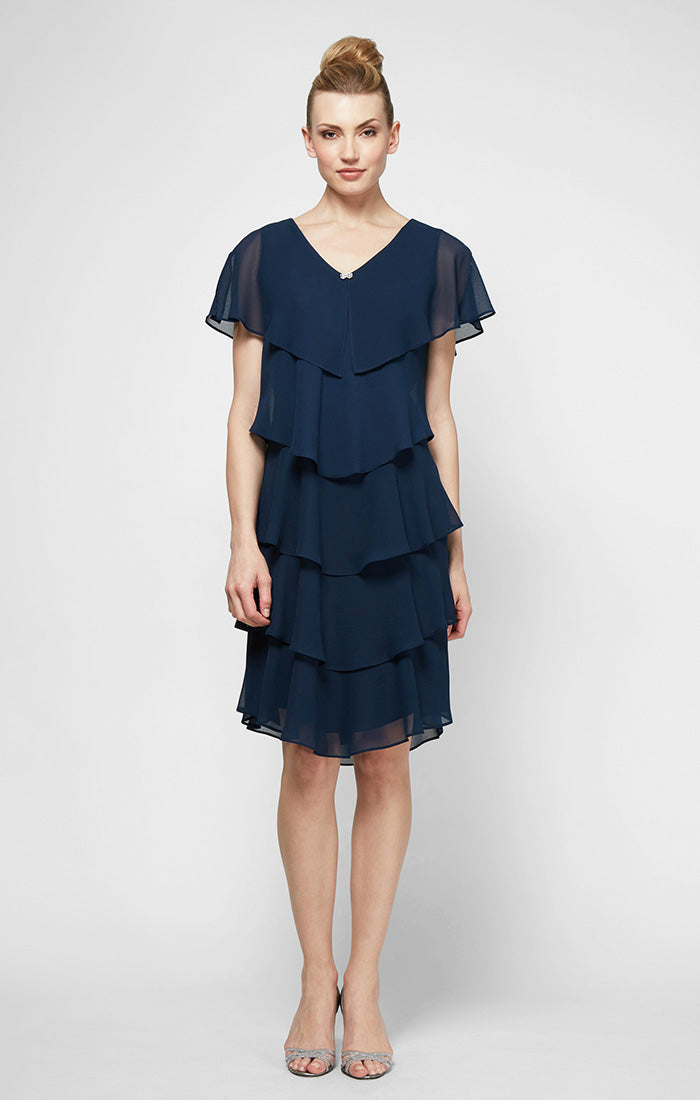 Navy V-Neck Knee-Length Chiffon Cocktail Tiered Wedding Guest Dress SL Fashions 4175251