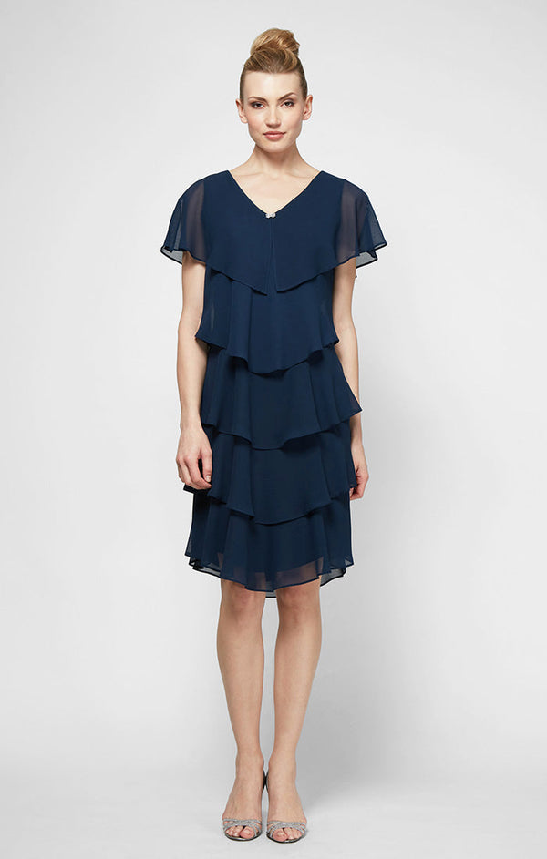 V-Neck Knee-Length Chiffon Cocktail Tiered Wedding Guest Dress SL Fashions 4175251