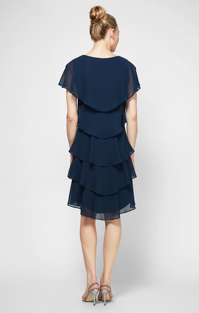 Navy V-Neck Knee-Length Chiffon Cocktail Tiered Wedding Guest Dress SL Fashions 4175251
