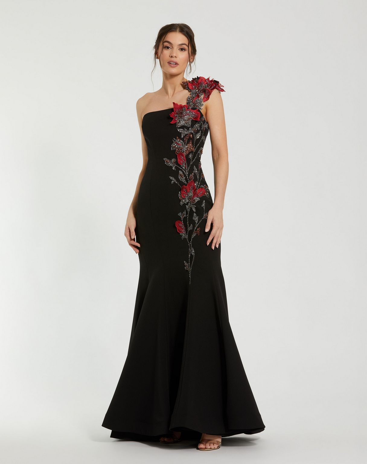 Mac Duggal - Black One Shoulder Embroidered Mermaid Gown - Black Multi / US 10 Mac Duggal - Black One Shoulder Embroidered Mermaid Gown - Black Multi / US 10