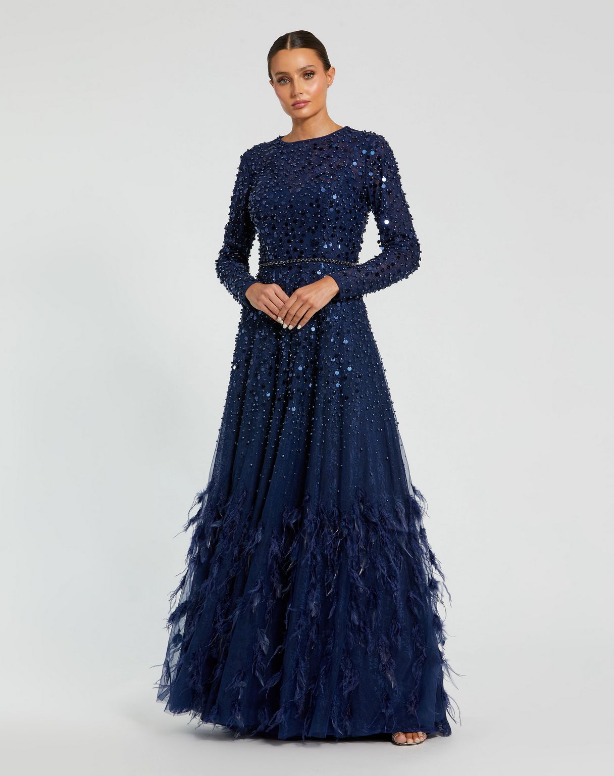 Mac Duggal 11782 Long Sleeve Formal Beaded Fringe Evening Gown