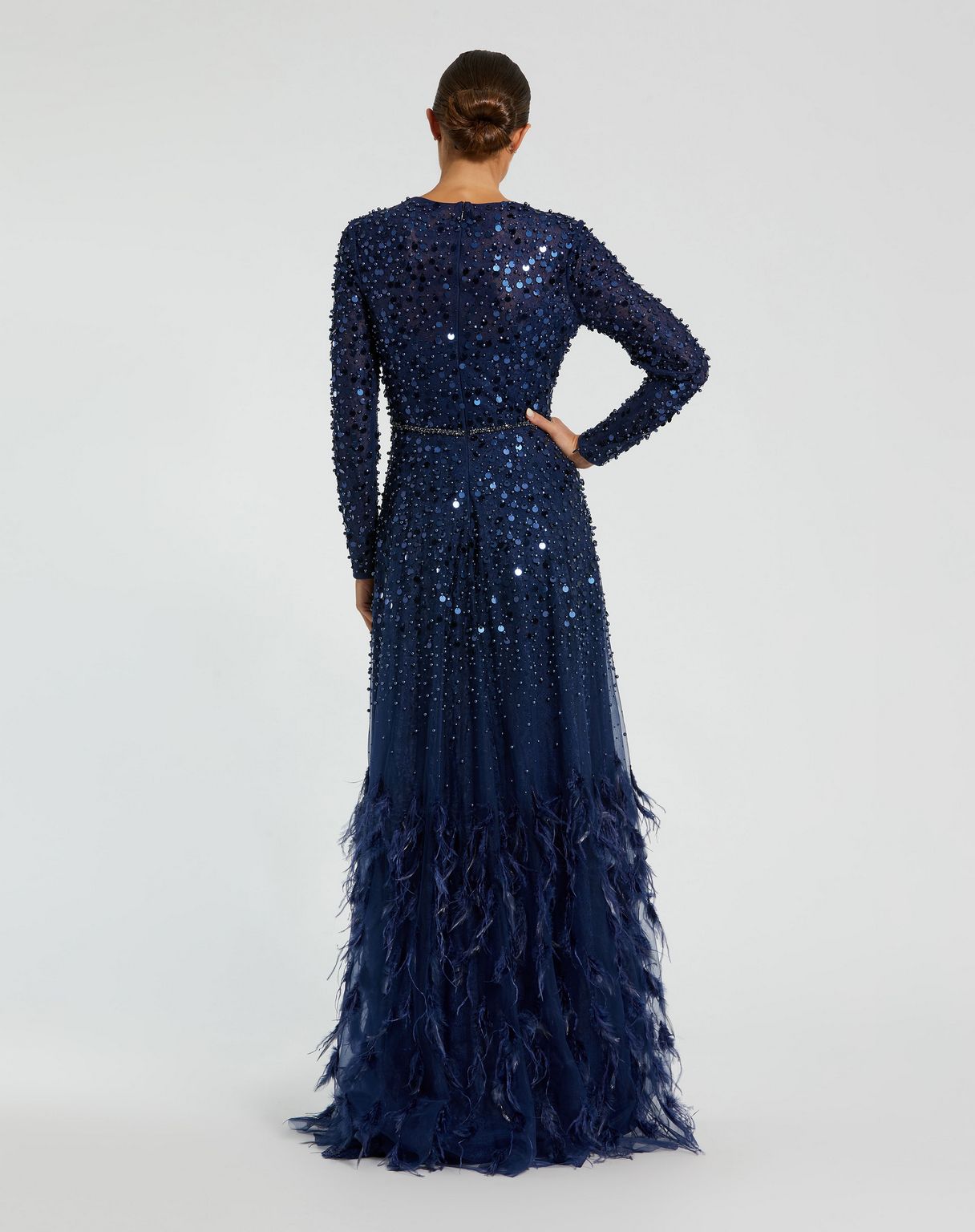 Mac Duggal 11782 Long Sleeve Formal Beaded Fringe Evening Gown