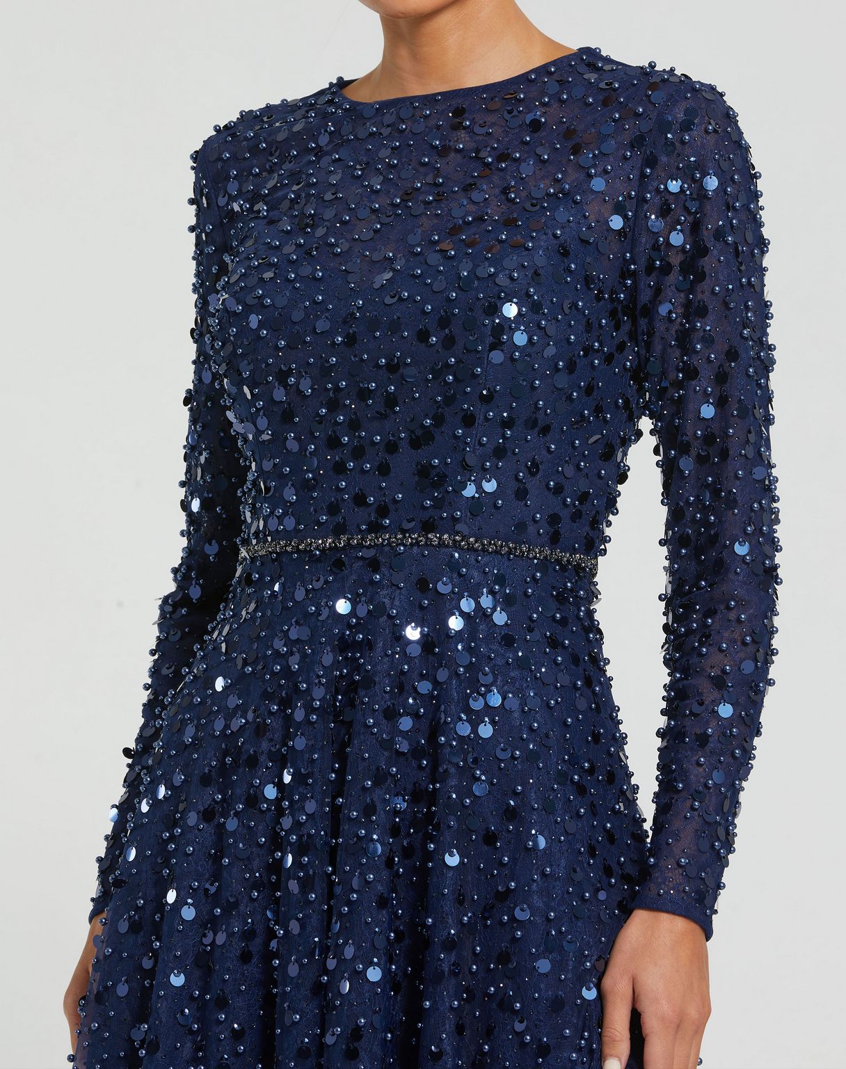 Mac Duggal 11782 Long Sleeve Formal Beaded Fringe Evening Gown