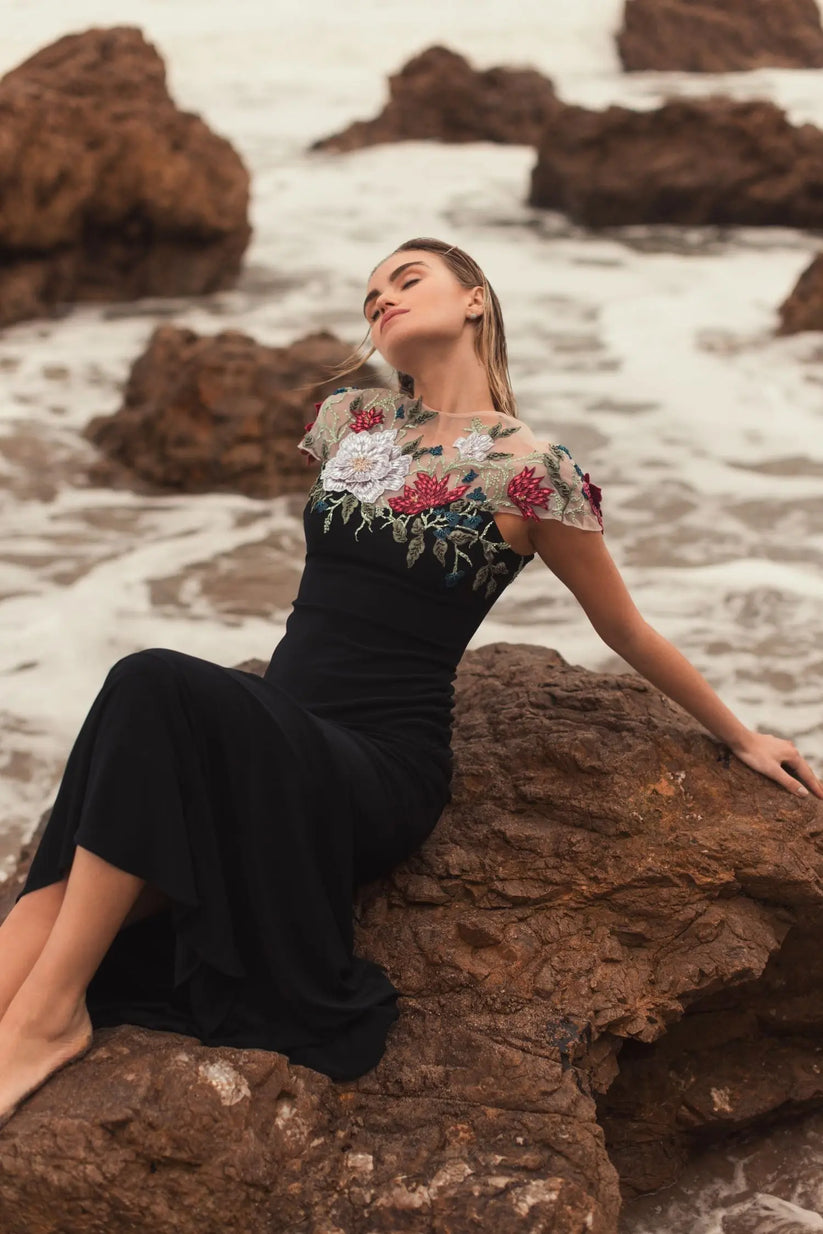 Formal Dresses Long Floral Fitted Formal Prom Dress Black Multi