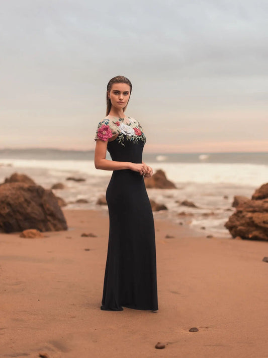 Formal Dresses Long Floral Fitted Formal Prom Dress Black Multi