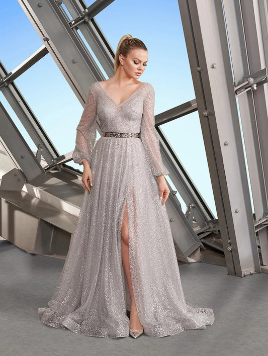 Formal Dresses Long Slit Formal Glitter Dress Silver