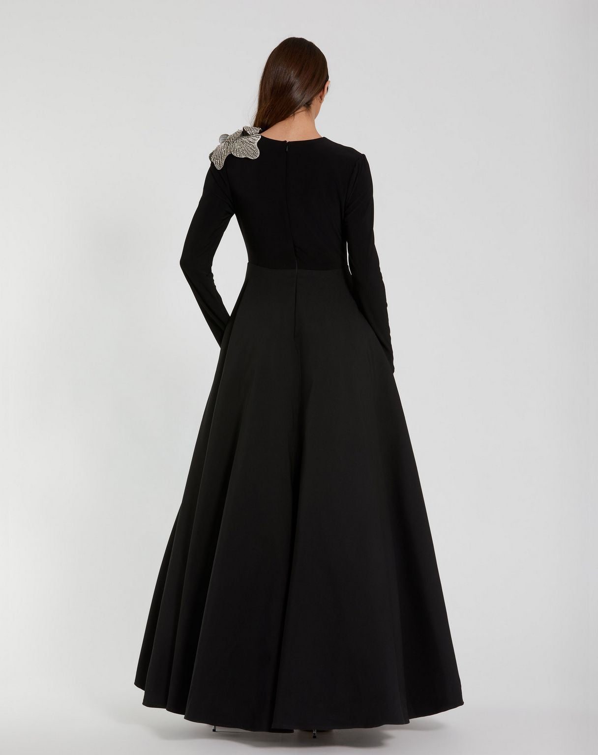Mac Duggal Women's Long Sleeve Taffeta Embellished 3D Flower Detail Ball Gown - Black