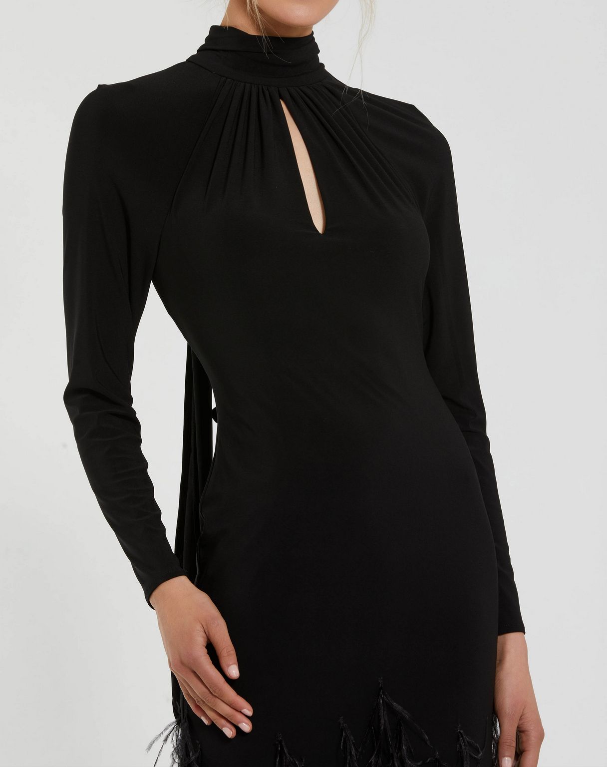 Black Mac Duggal 11839 Formal Prom Feather Long Sleeve Dress