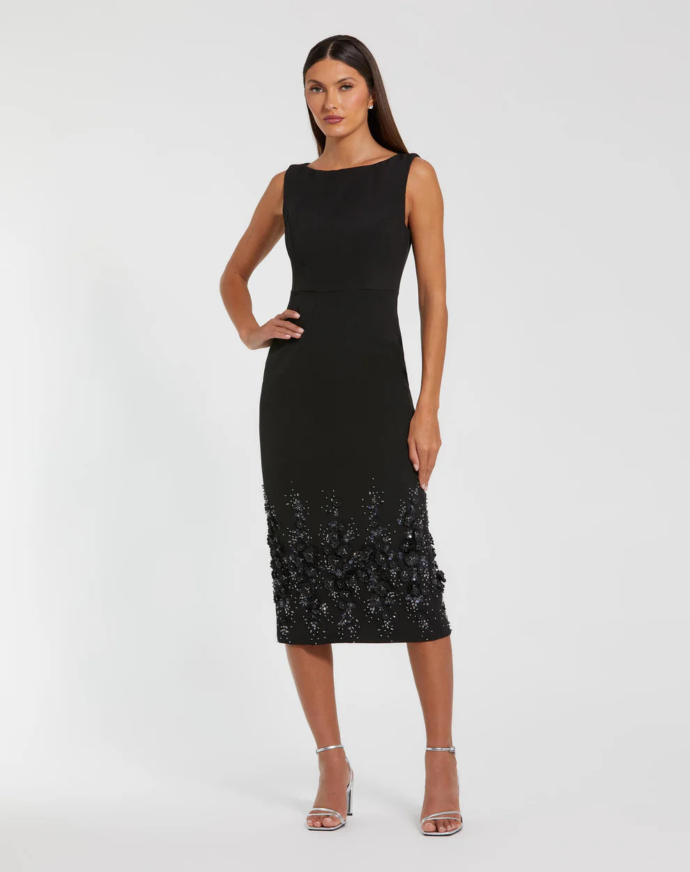 Formal Dresses Beaded Tea Length Floral Formal Dress Black
