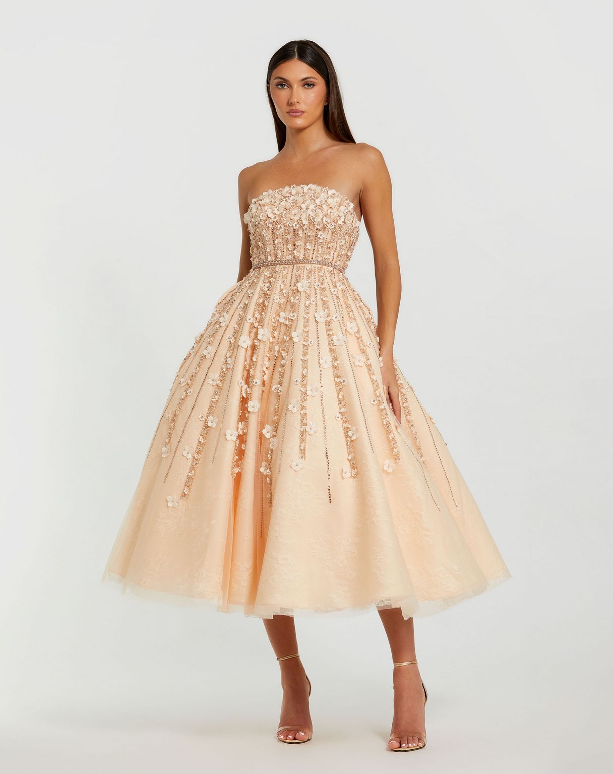 Pink Embellished Lace Strapless A Line Midi Dress | Mac Duggal Champagne / US 12 Pink Embellished Lace Strapless A Line Midi Dress | Mac Duggal Champagne / US 12