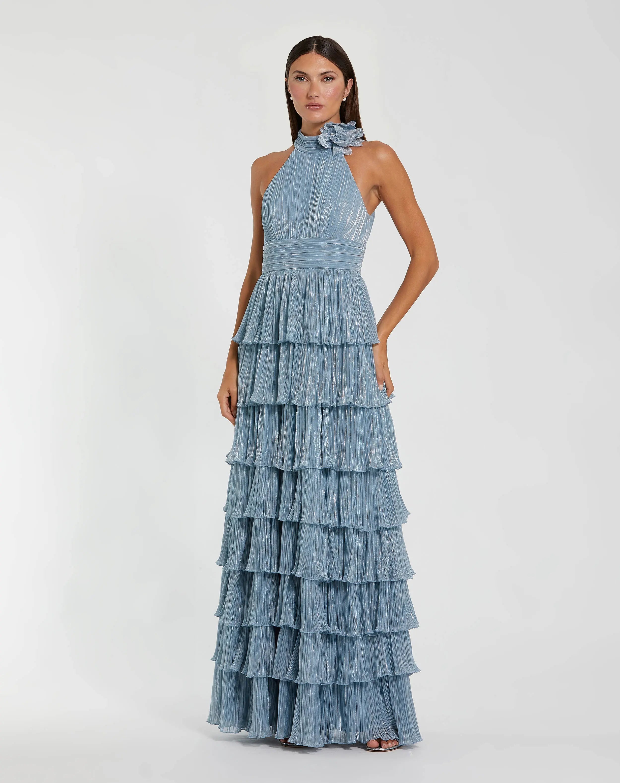 Powder Blue Halter Floor-Length Pleated Metallic Evening Dress with Tiered Skirt Mac Duggal 11882