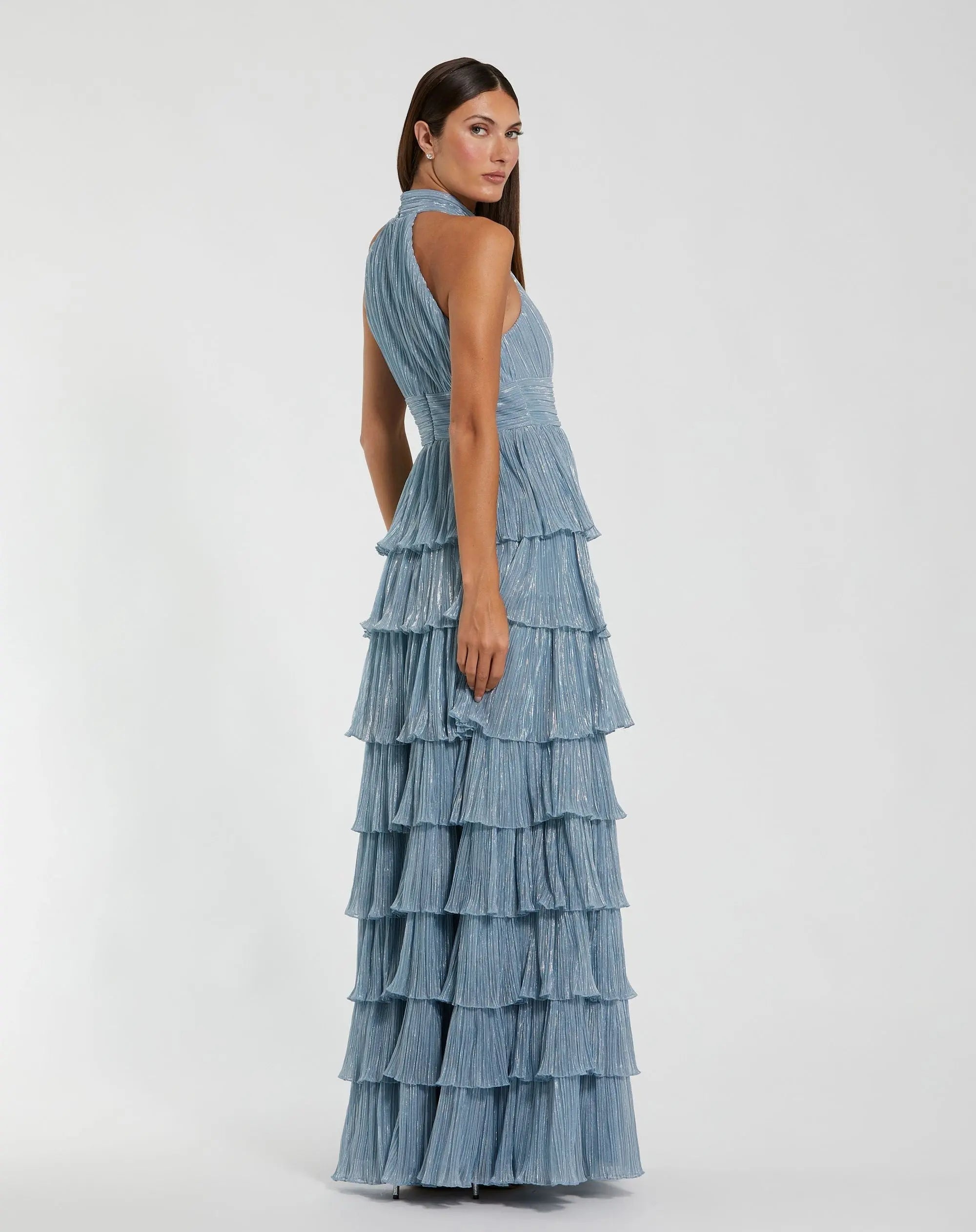 Powder Blue Halter Floor-Length Pleated Metallic Evening Dress with Tiered Skirt Mac Duggal 11882