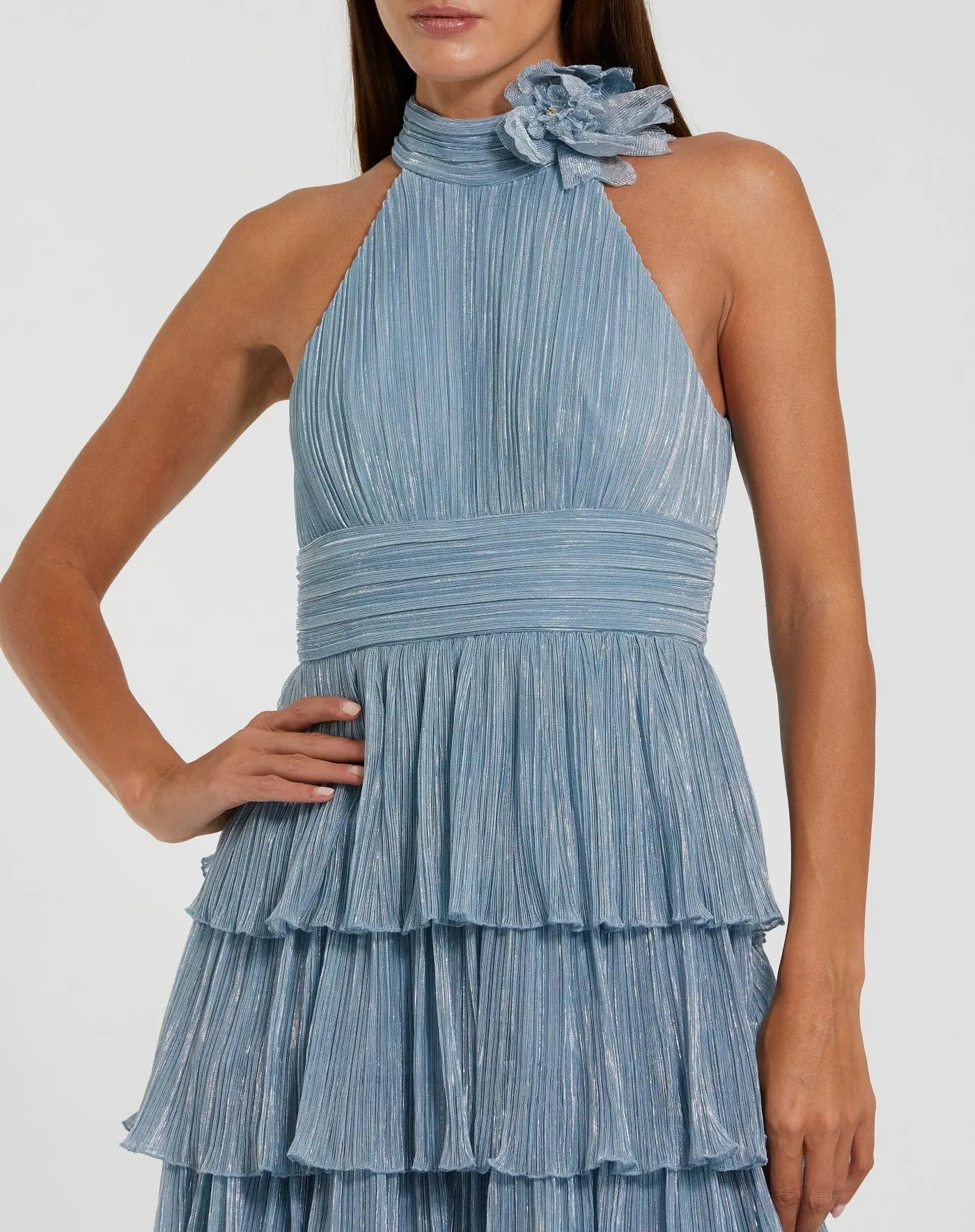 Mac Duggal Women's Pleated Metallic Tiered Gown with 3D Flower - Blue - Size 10