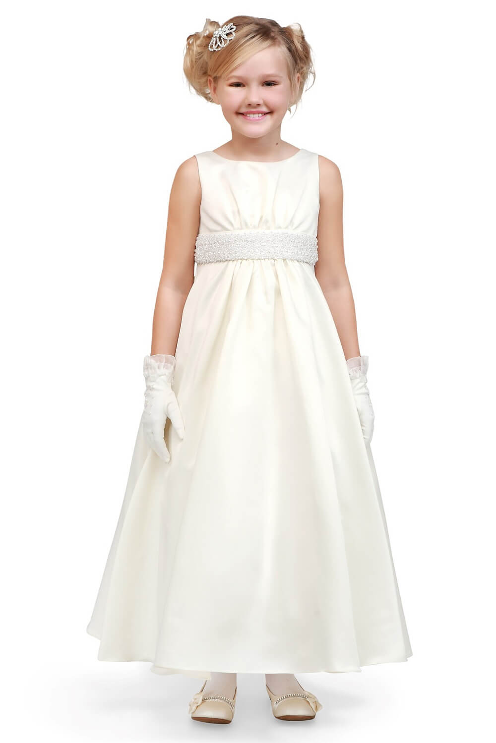 Ivory Scoop-Neck Floor-Length Satin Flower Girl Dress with Pearl Beaded Waist Cinderella Couture X1189
