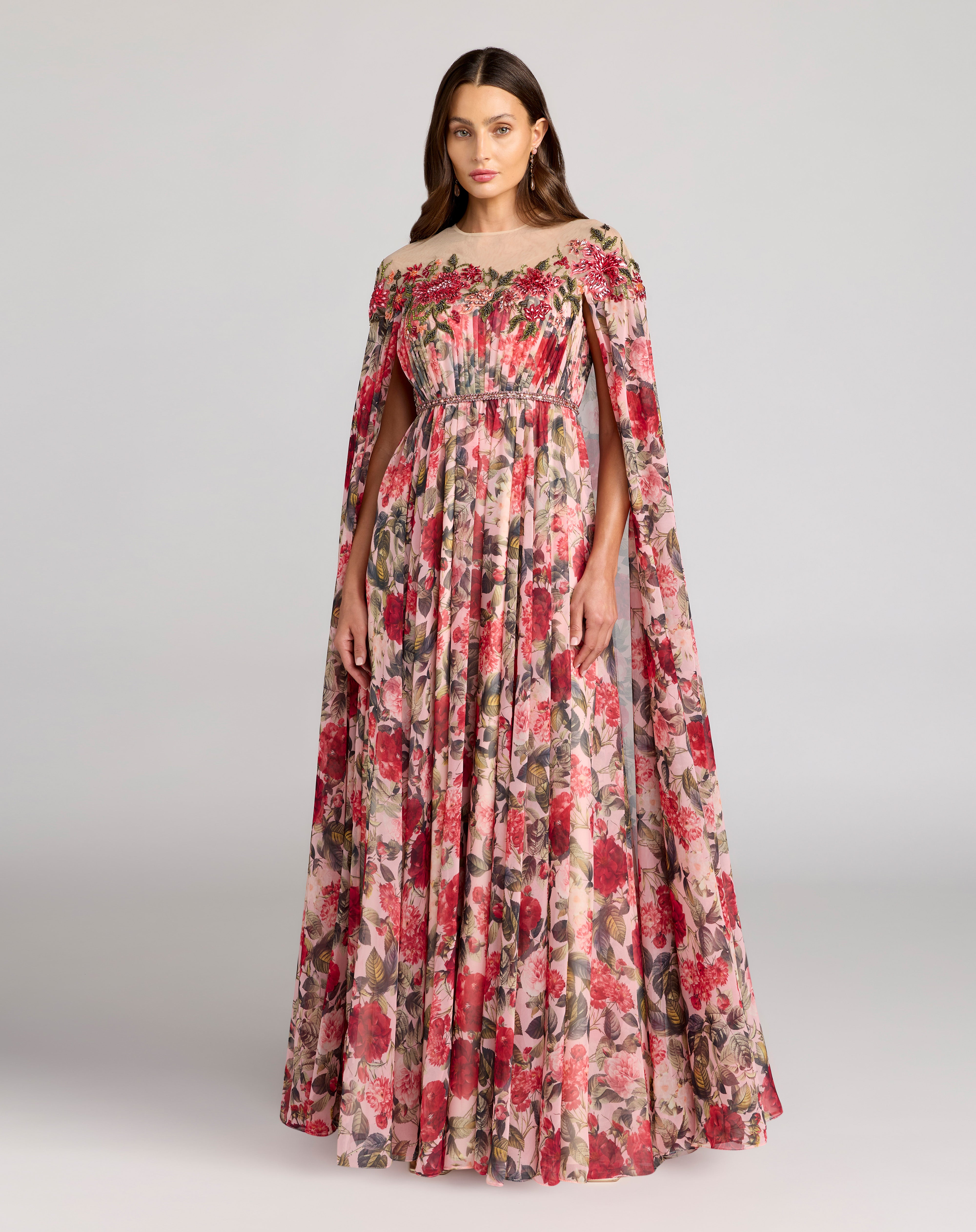 Multicolor Floral Printed Chiffon High Neck Cape Gown