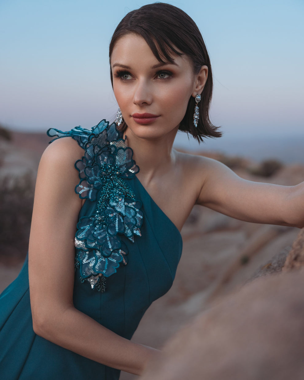 Mac Duggal Women's Crepe One Shoulder Evening Gown with 3D Flower Details - Blue - Size 16 - Ocean Blue Mac Duggal Women's Crepe One Shoulder Evening Gown with 3D Flower Details - Blue - Size 16 - Ocean Blue