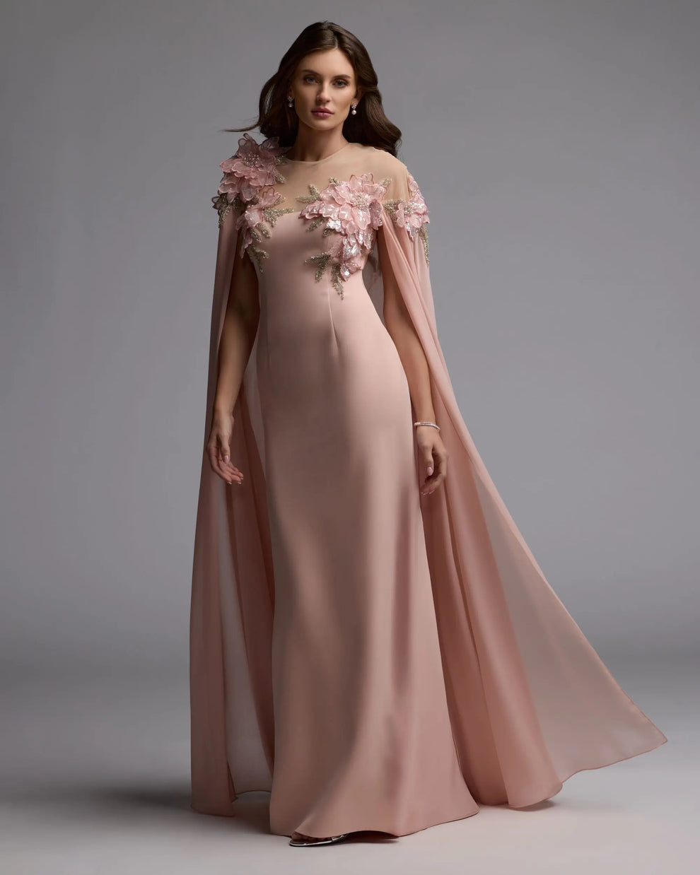 Blush Illusion Floor-Length Chiffon Formal Gown with 3D Floral Cape Sleeves Mac Duggal 11942