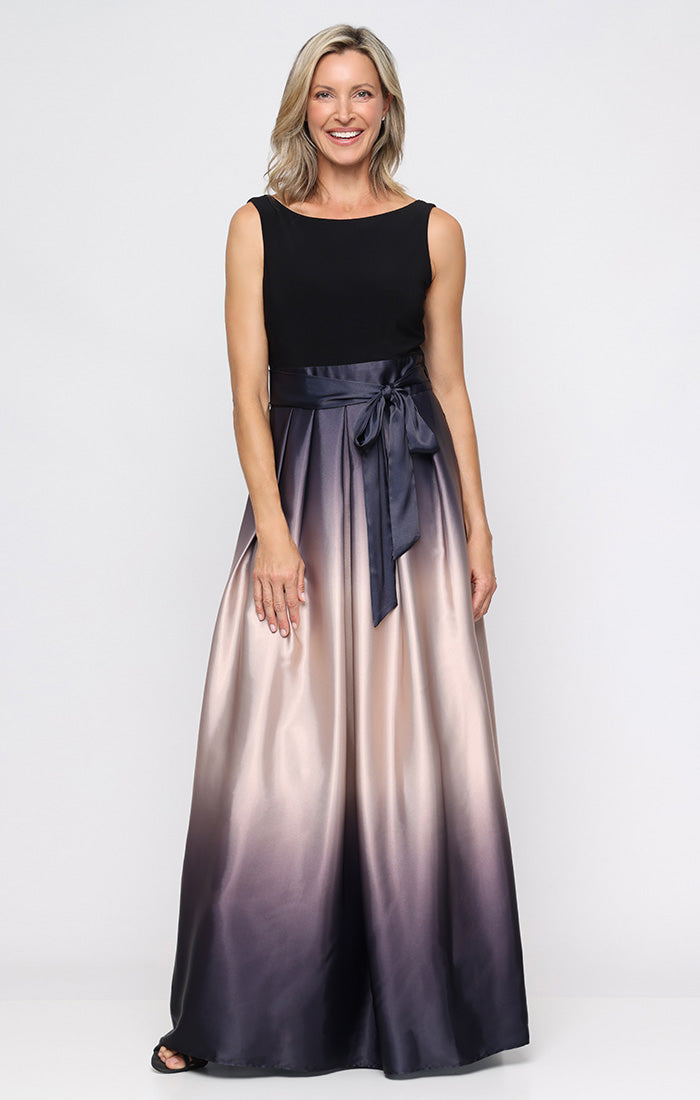 Sl Fashions Ombre Satin Bow Sash Gown - Black Silver - Size 14 Sl Fashions Ombre Satin Bow Sash Gown - Black Silver - Size 14