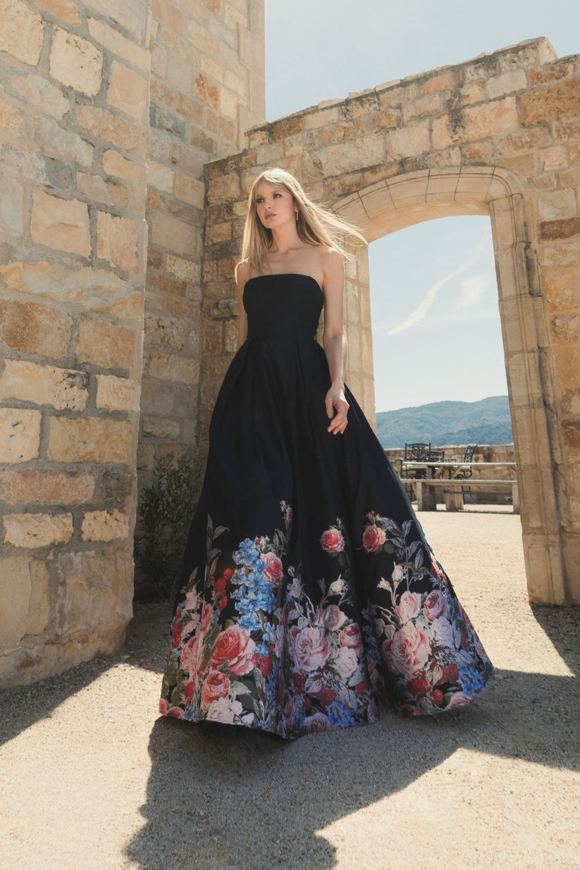 Mac Duggal - Black Strapless Floral Brocade Ballgown - Black Multi / US 4 Mac Duggal - Black Strapless Floral Brocade Ballgown - Black Multi / US 4