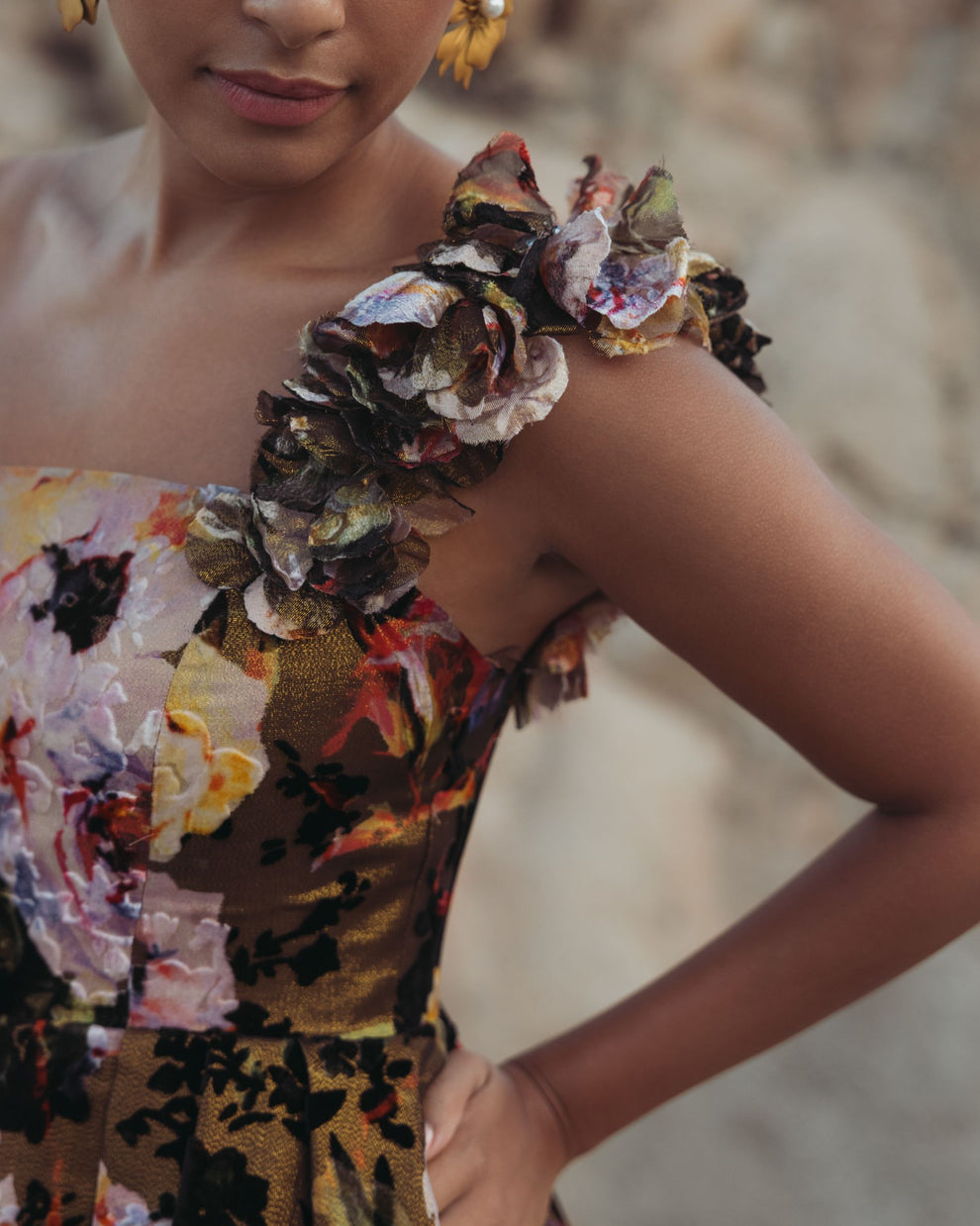 Prom Dresses Long Applique 3D Floral Prom Dress Black Multi