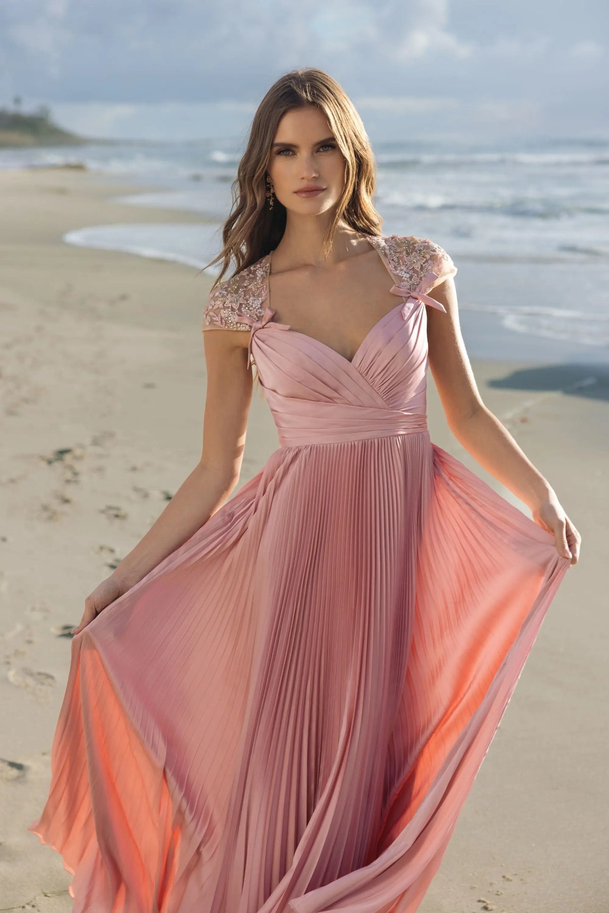 V-Neck Long Pleated Formal Dress by Mac Duggal 11987 in Rose