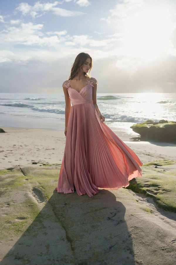 V-Neck Long Pleated Formal Dress by Mac Duggal 11987