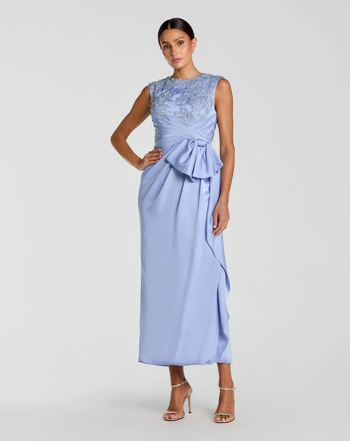 Beaded Sleeveless Satin Cocktail Dress by Mac Duggal 11989 in Powder Blue