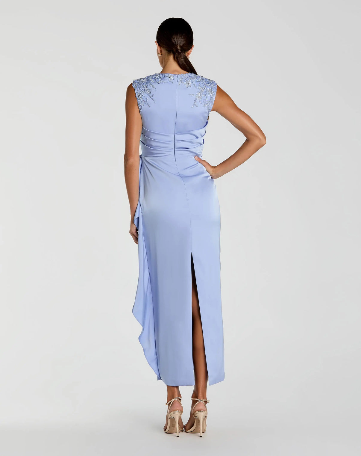 Beaded Sleeveless Satin Cocktail Dress by Mac Duggal 11989 in Powder Blue