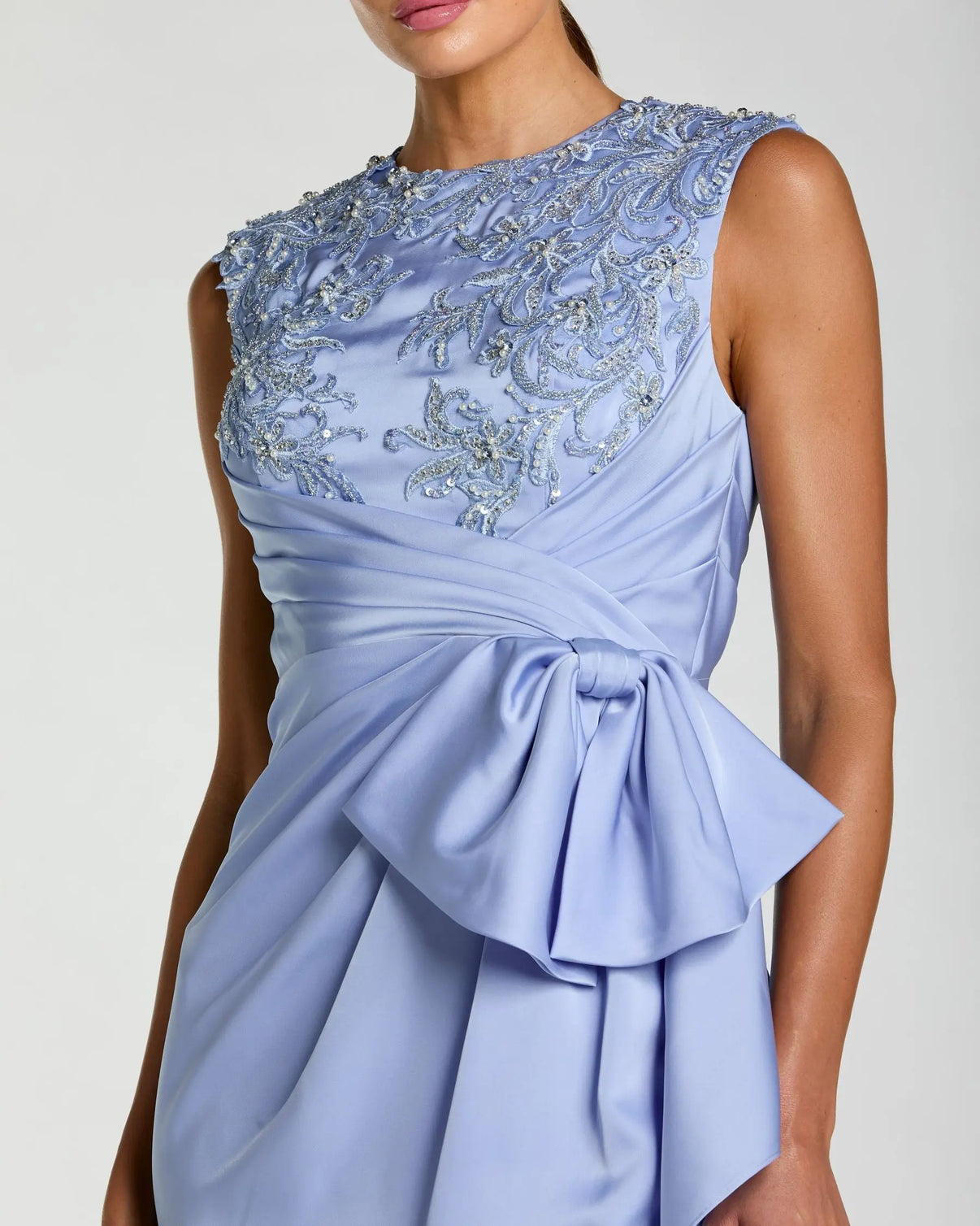 Beaded Sleeveless Satin Cocktail Dress by Mac Duggal 11989 in Powder Blue
