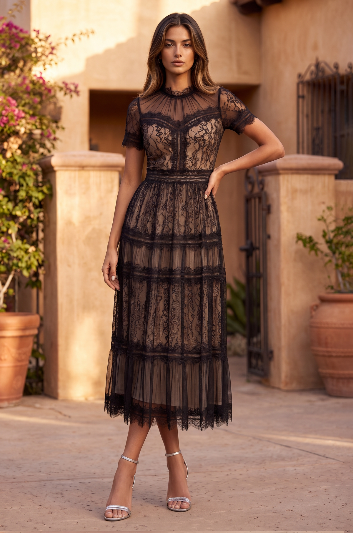 Elegant Short Sleeve Midi Lace Formal Cocktail Dress