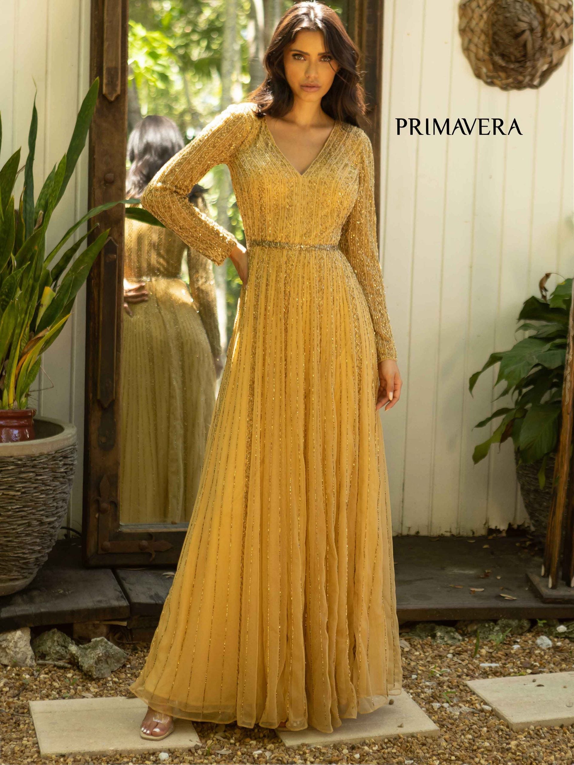 caramel formal dress Primavera Couture 12010 Long Sleeve Mother of the Bride Formal Dress