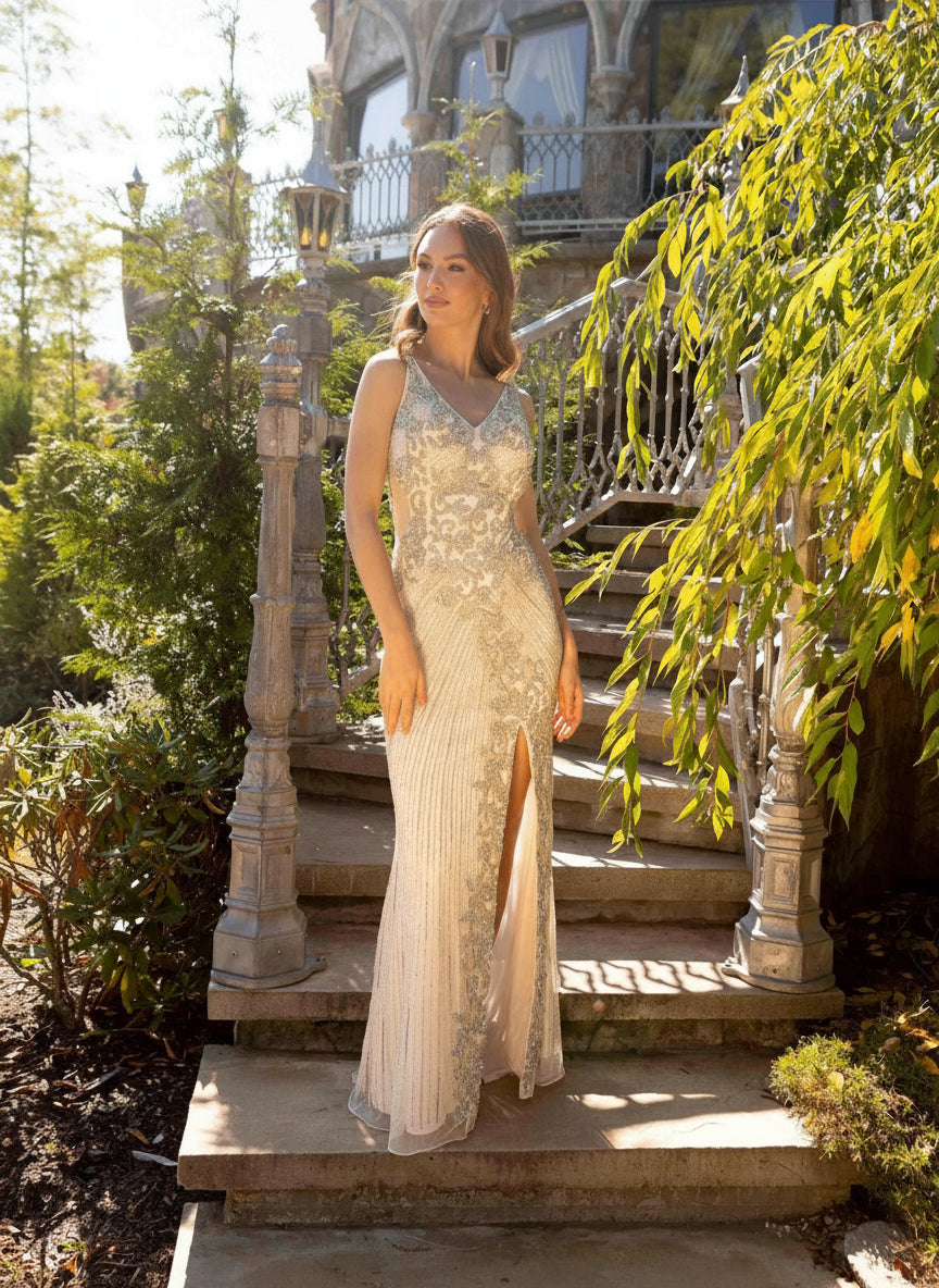 Prom Dresses Long Formal Fitted Prom Beaded Dress Nude