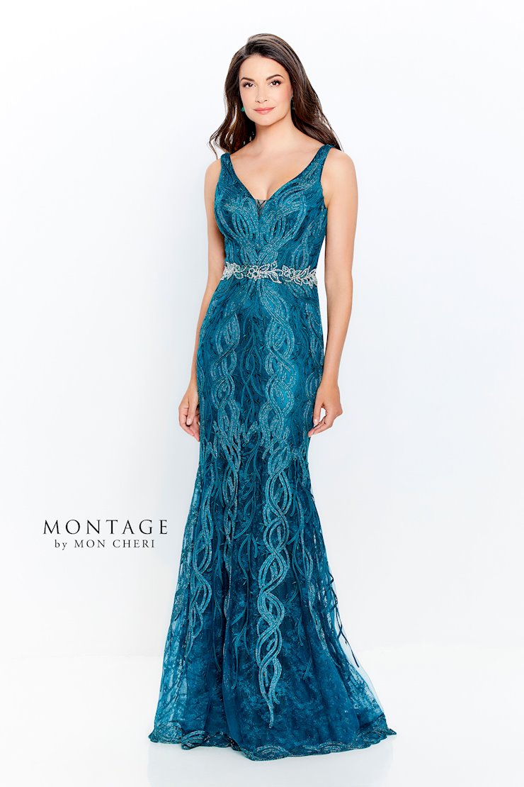 Montage 120921 Long Beaded Lace Metallic Evening Formal Dress
