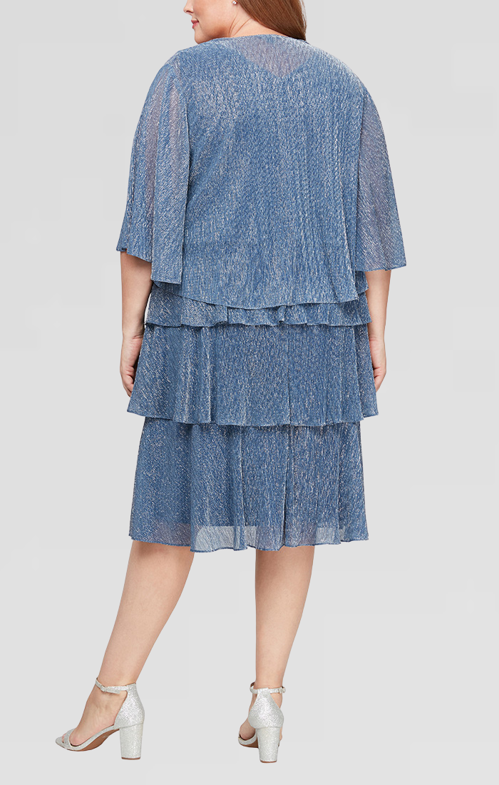 Wedgewood V-Neck Knee-Length Chiffon Dress with Embellished Waist and Sheer Capelet SL Fashions 9455236