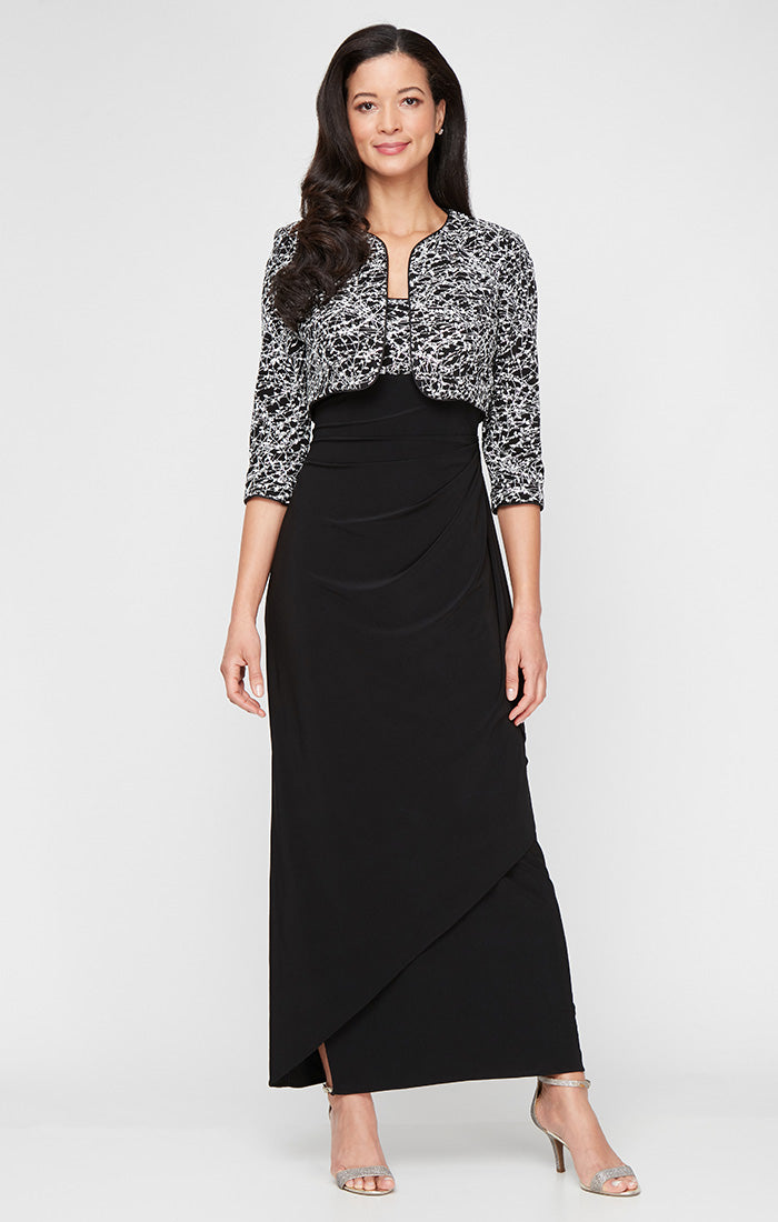 Alex Evenings Petite Long Empire Waist Bolero Jacket Dress with Side Ruched Skirt Black & White / 6P Alex Evenings Petite Long Empire Waist Bolero Jacket Dress with Side Ruched Skirt Black & White / 6P