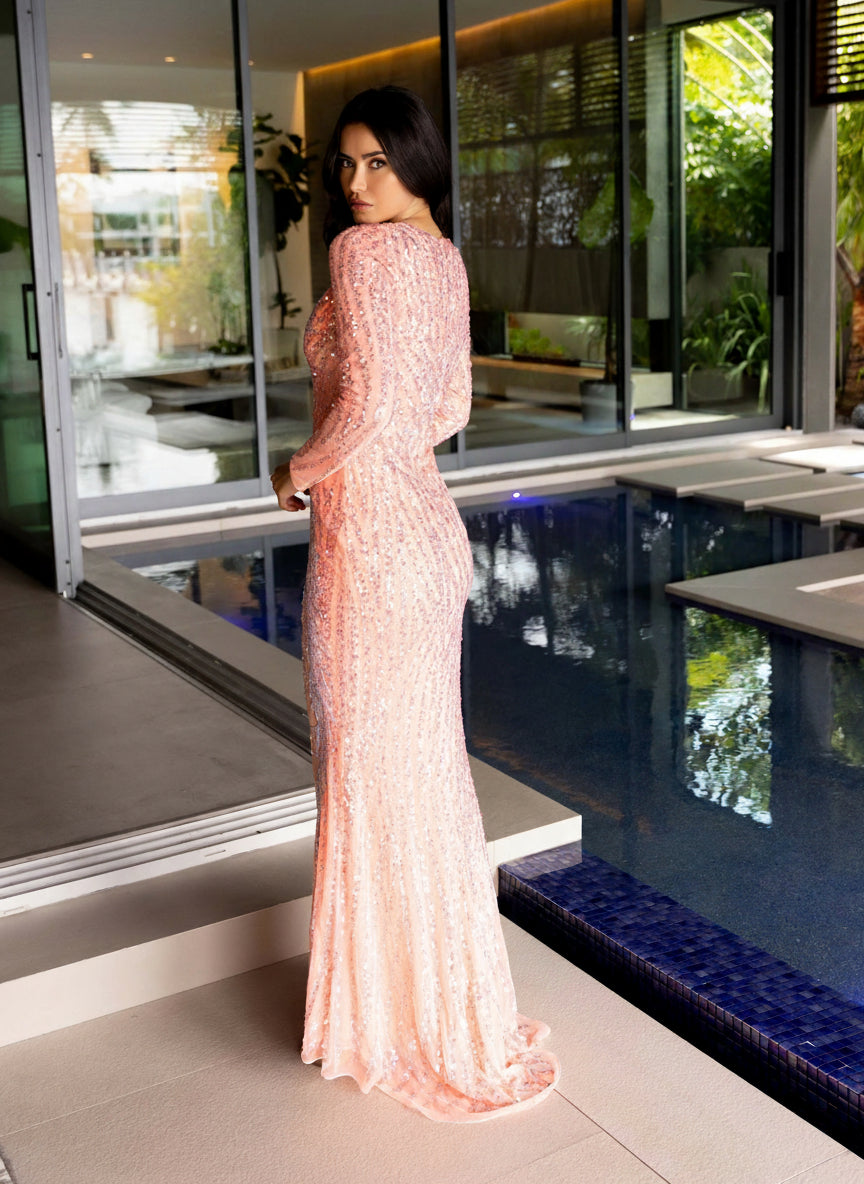 Formal Dresses Long Sleeve Beaded Sequin Formal Dress Coral