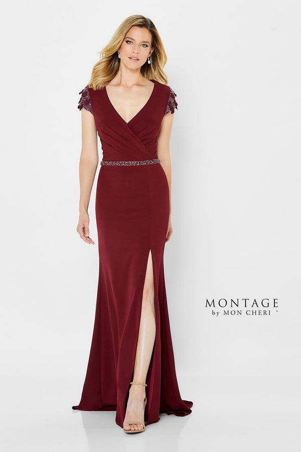 Montage 122902 Long Slit Ruched Beaded Belt Formal Dress