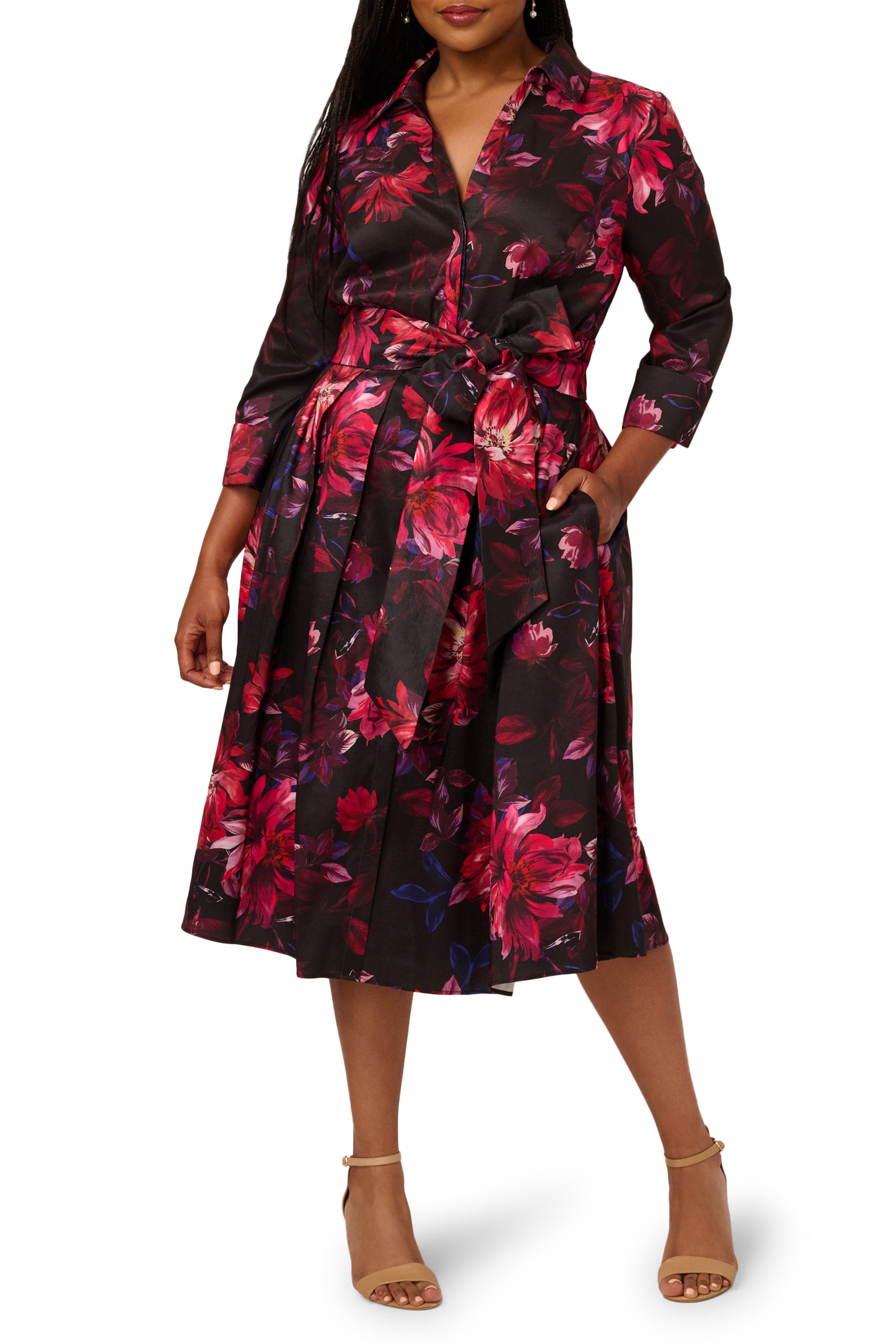 Black Multi Adrianna Papell AP1E212267 V-Neck Midi Satin Cocktail Floral Dress