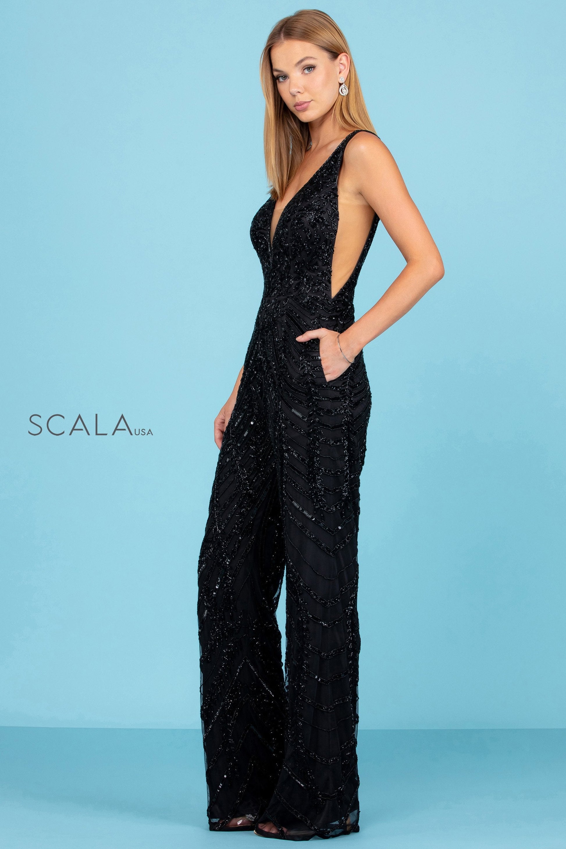 Scala 60295 Long Formal Beaded Pocket Jumpsuit