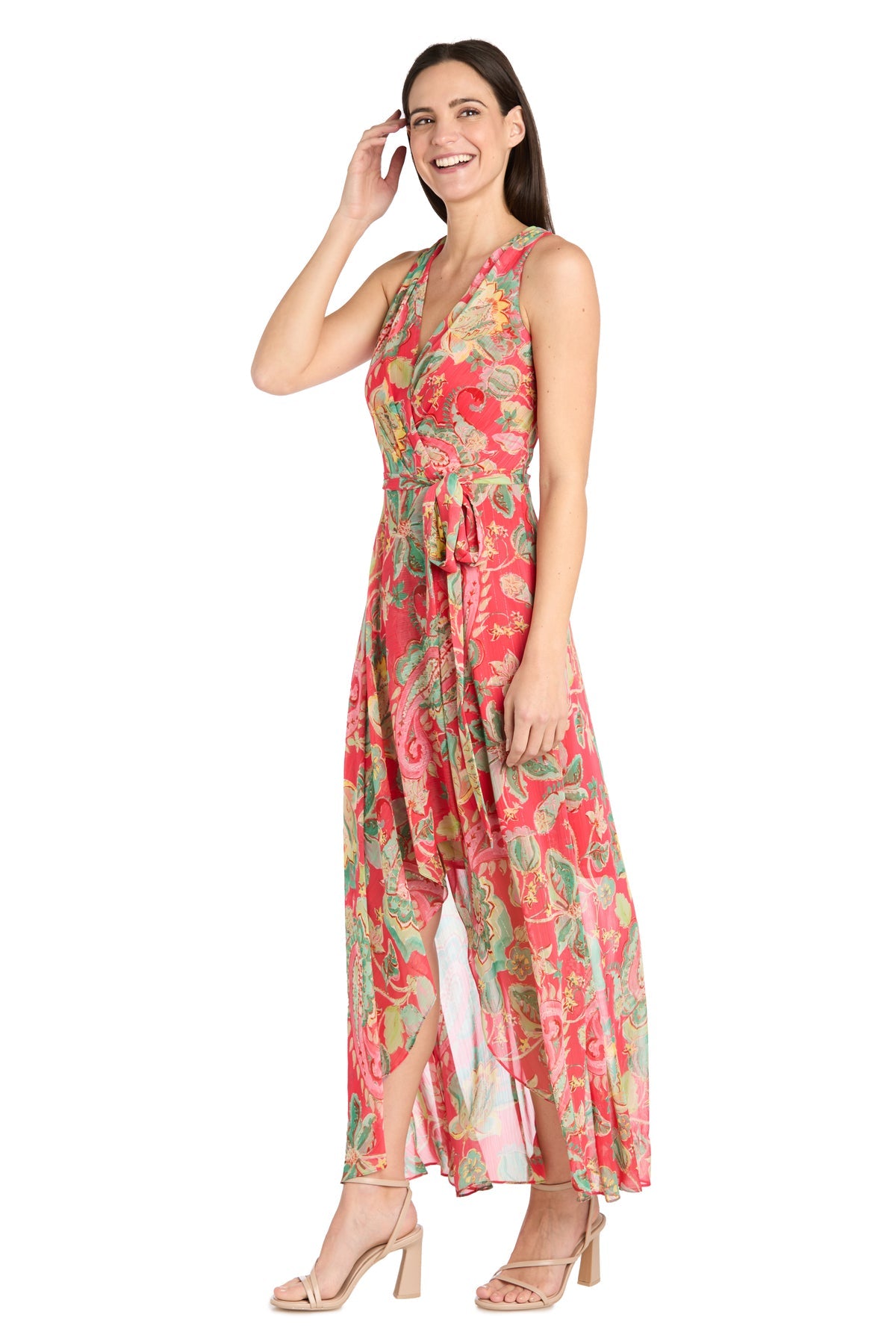 Cocktail Dresses High Floral Print Cocktail Dress Coral/Green