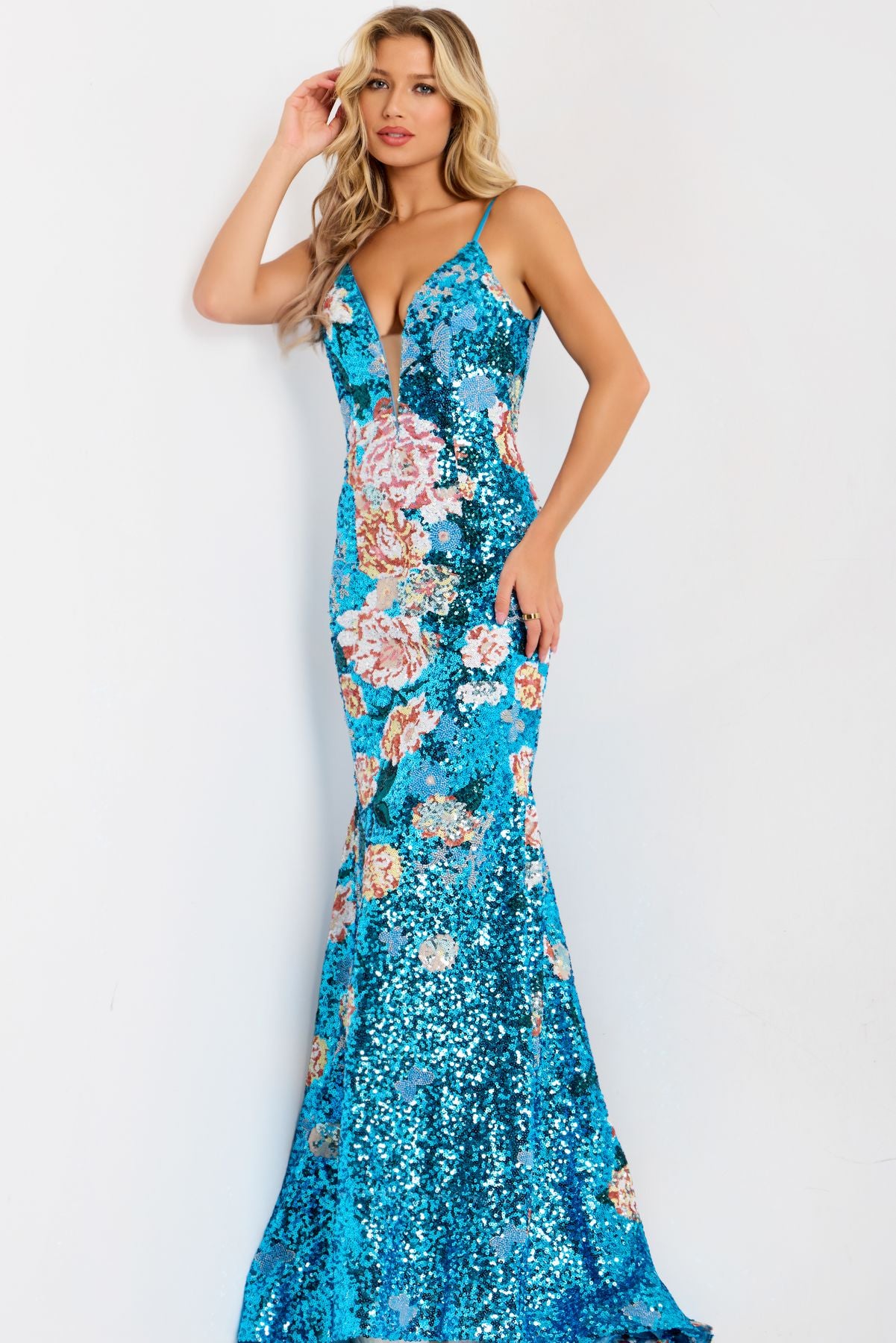 Prom Dresses Long Formal Mermaid Sequin Floral Prom Dress Peacock/Multi