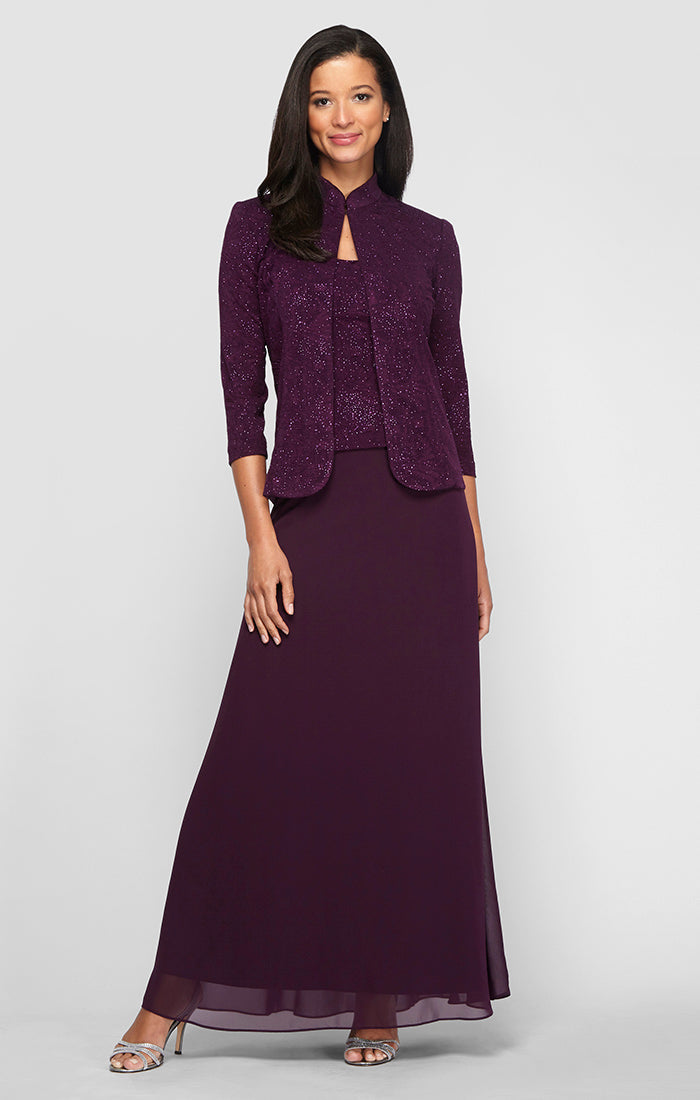 Mother of the Bride Dresses Long Mother of the Bride Glitter Formal Petite Jacket Dress Eggplant