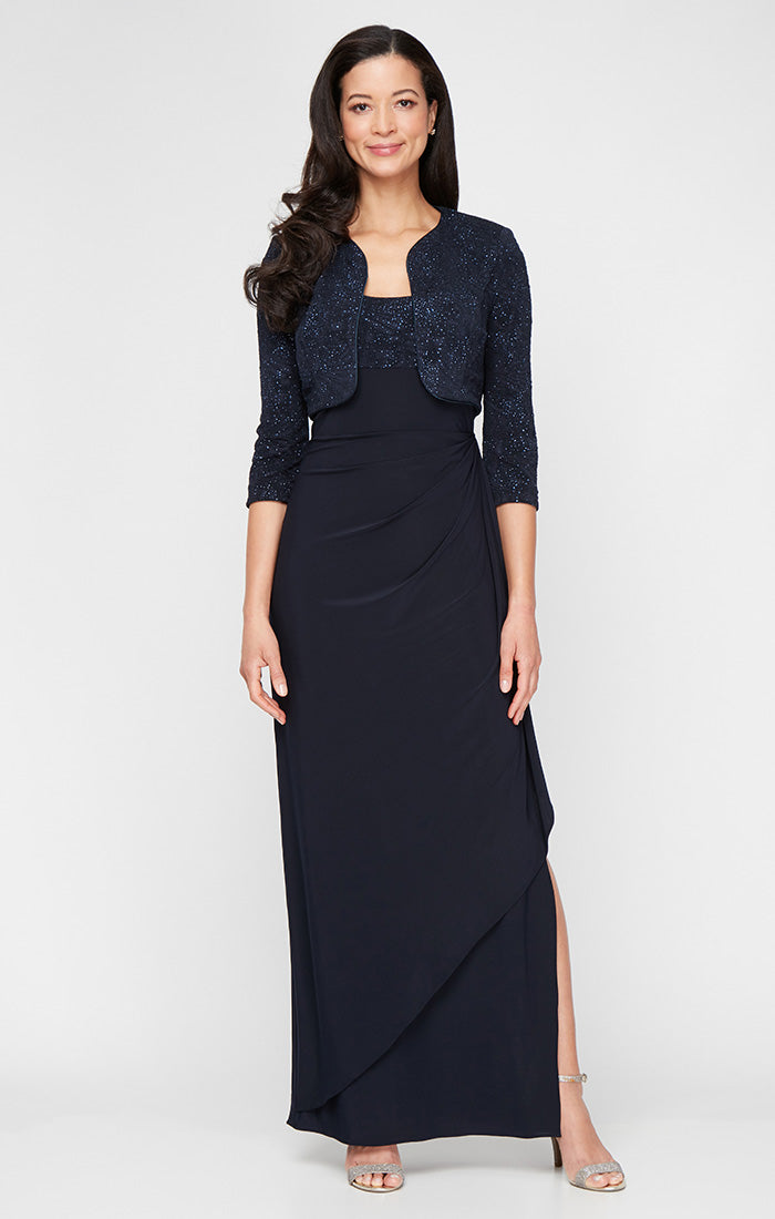 Alex Evenings Draped Gown & Glitter Bolero Jacket - Navy Alex Evenings Draped Gown & Glitter Bolero Jacket - Navy