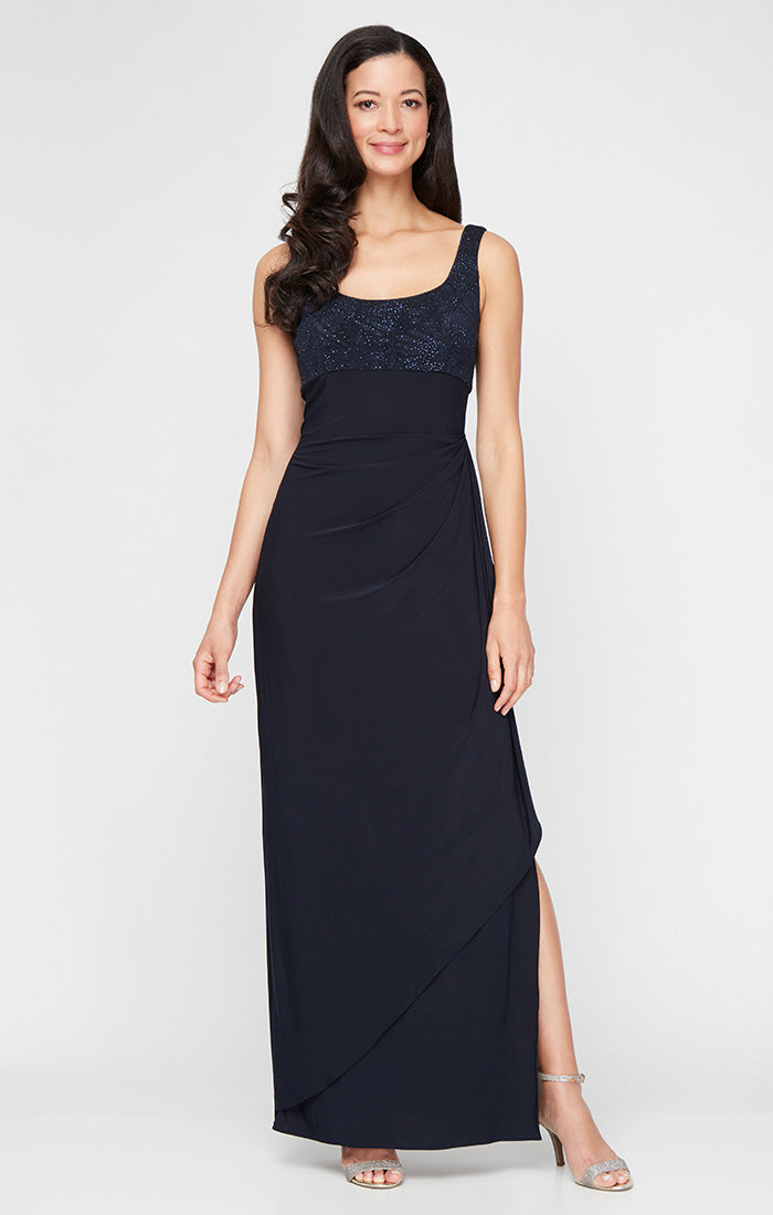 Alex Evenings Women's Petite Two-Piece Embroidered Bolero and Column Gown - Navy - Size Petite 10 Alex Evenings Women's Petite Two-Piece Embroidered Bolero and Column Gown - Navy - Size Petite 10