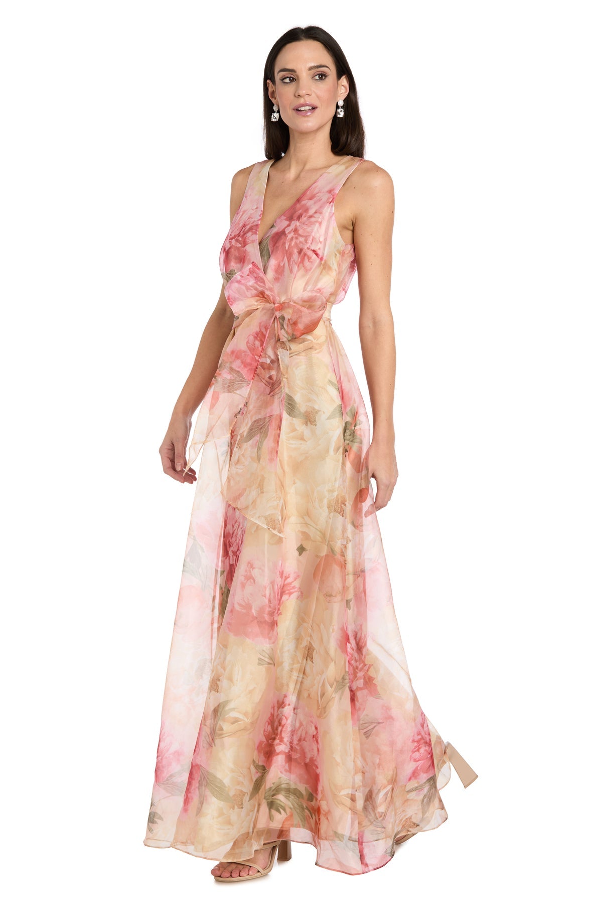 V-Neck Floor-Length Floral Organza Formal A-Line Gown R&M Richards 1264
