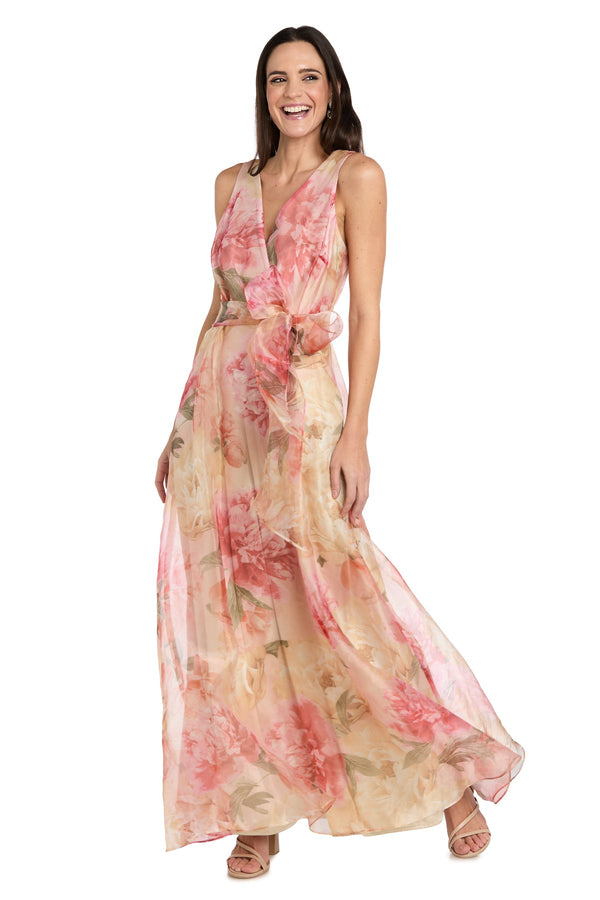 R & M Richards Women's Printed V-Neck Maxi Dress - Peach/Coral