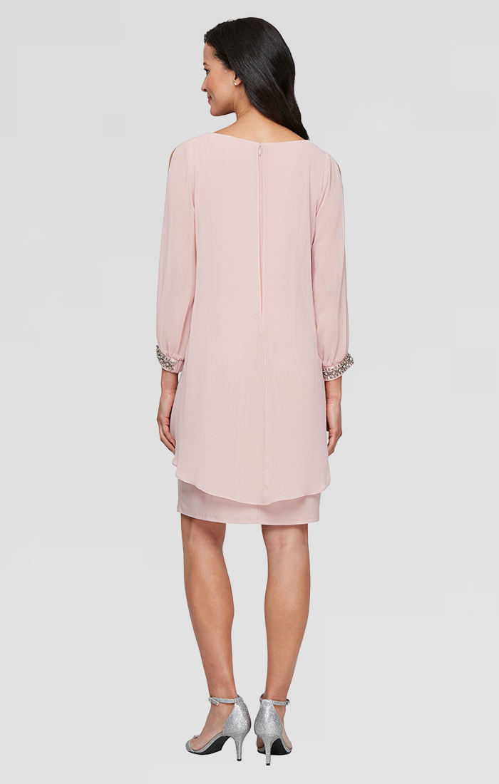 Faded Rose Scoop Knee-Length Chiffon Shift Dress with Beaded Cuffs SL Fashions 9477534