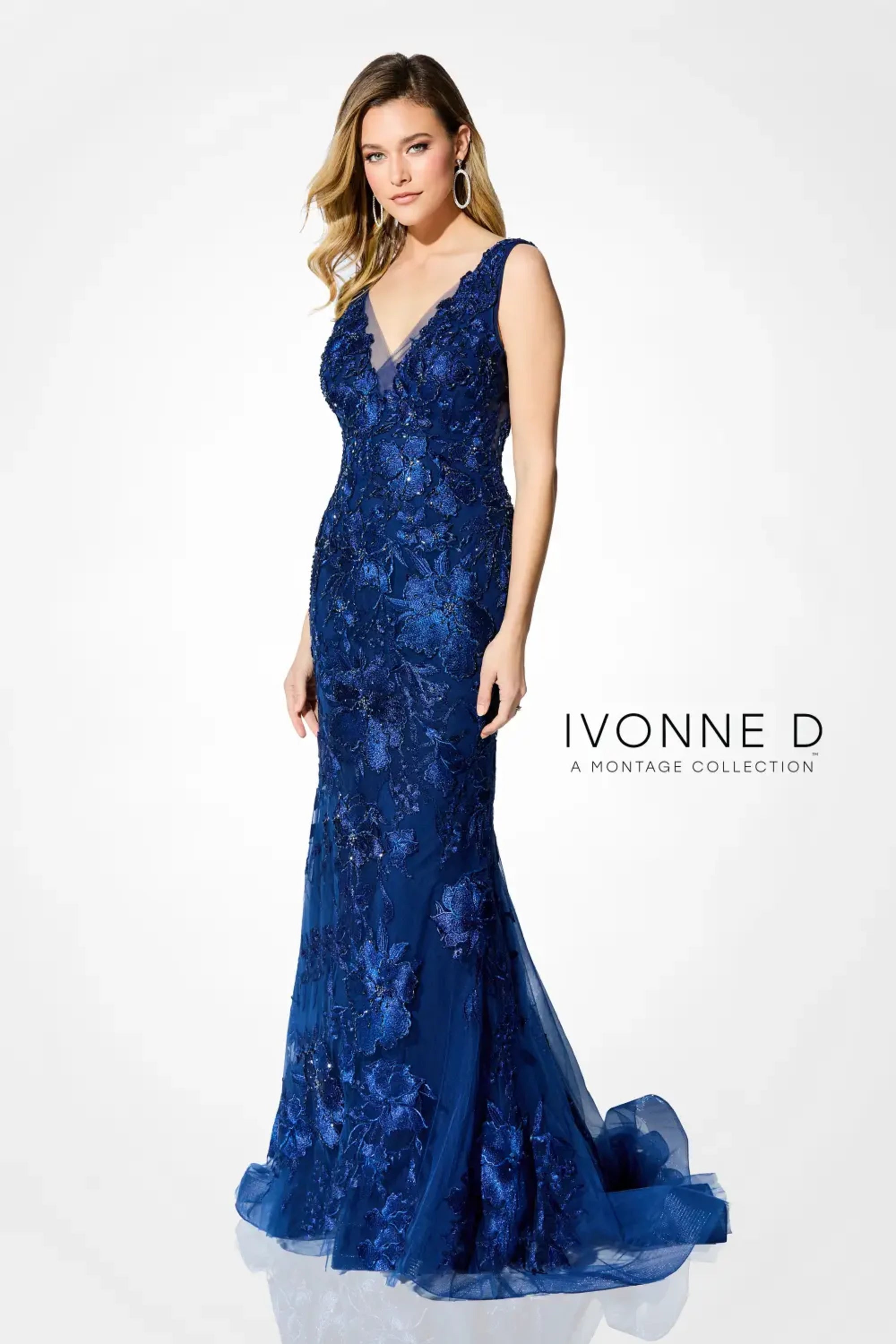 Formal Dresses Mermaid Long Formal Floral Laced Evening Dress Navy Blue