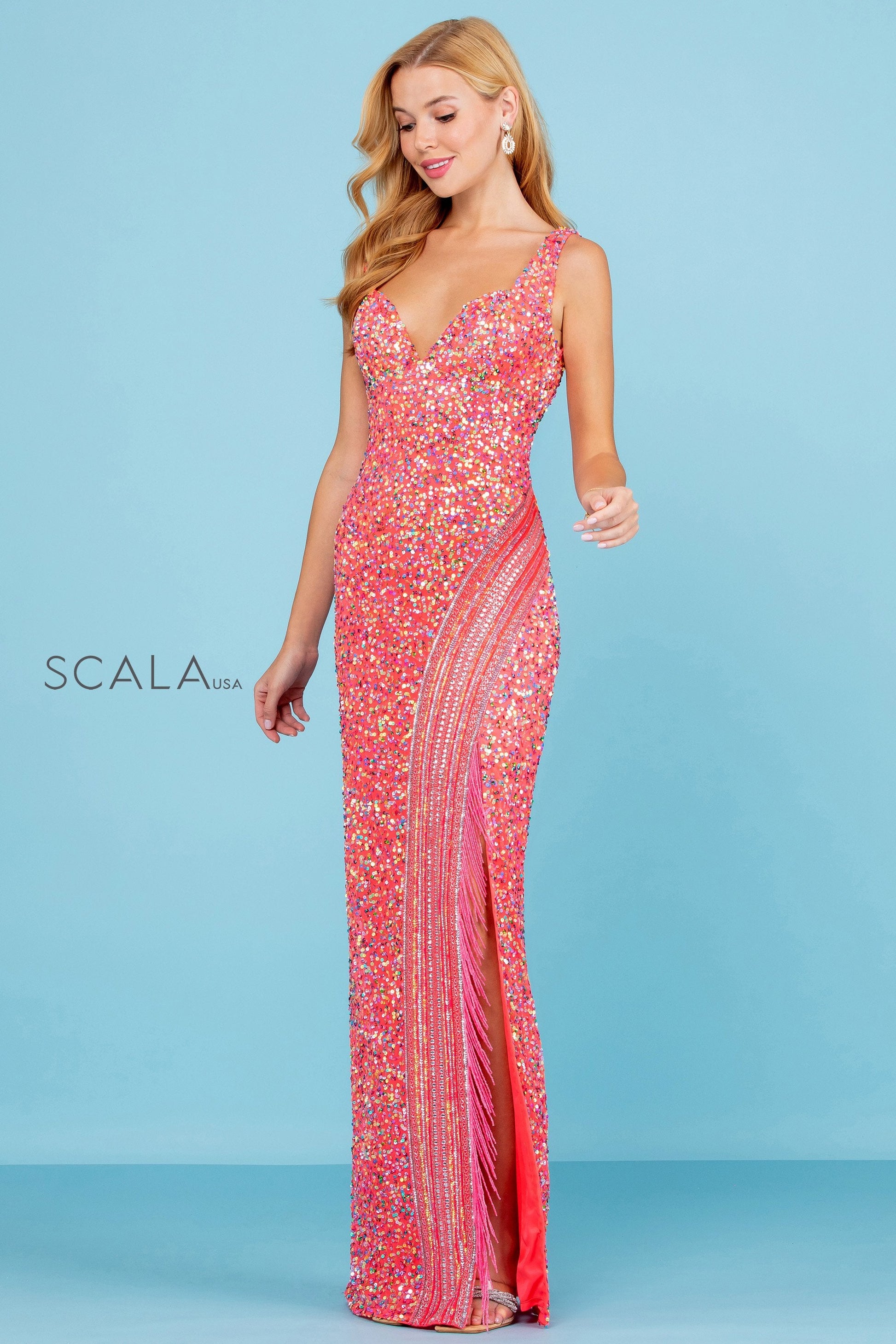 Scala 60259 Long Fitted Slit Formal Beaded Fringe Prom Dress