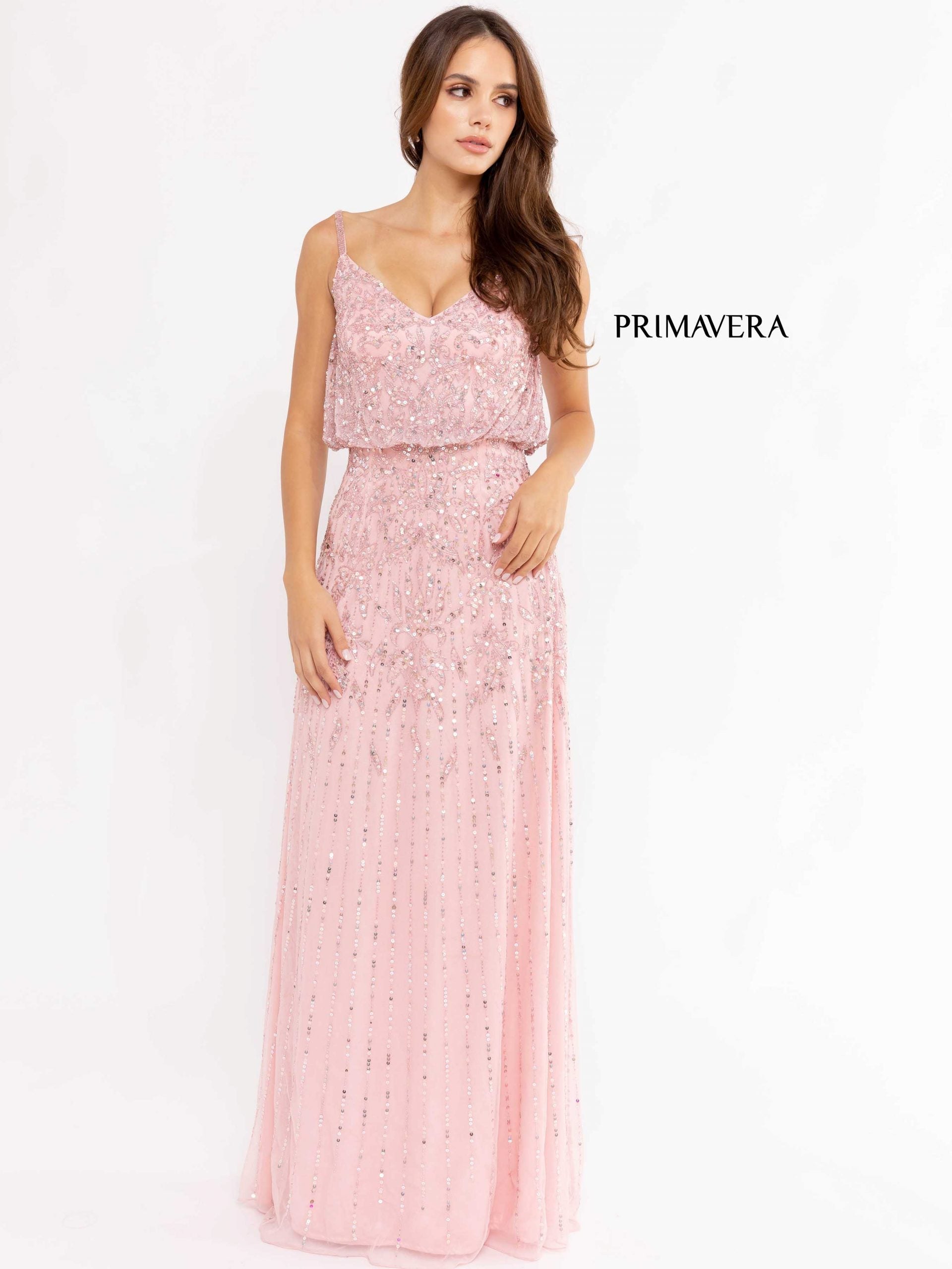 V-Neck Floor-Length Mesh Formal A-Line Gown - Primavera Couture PC13104